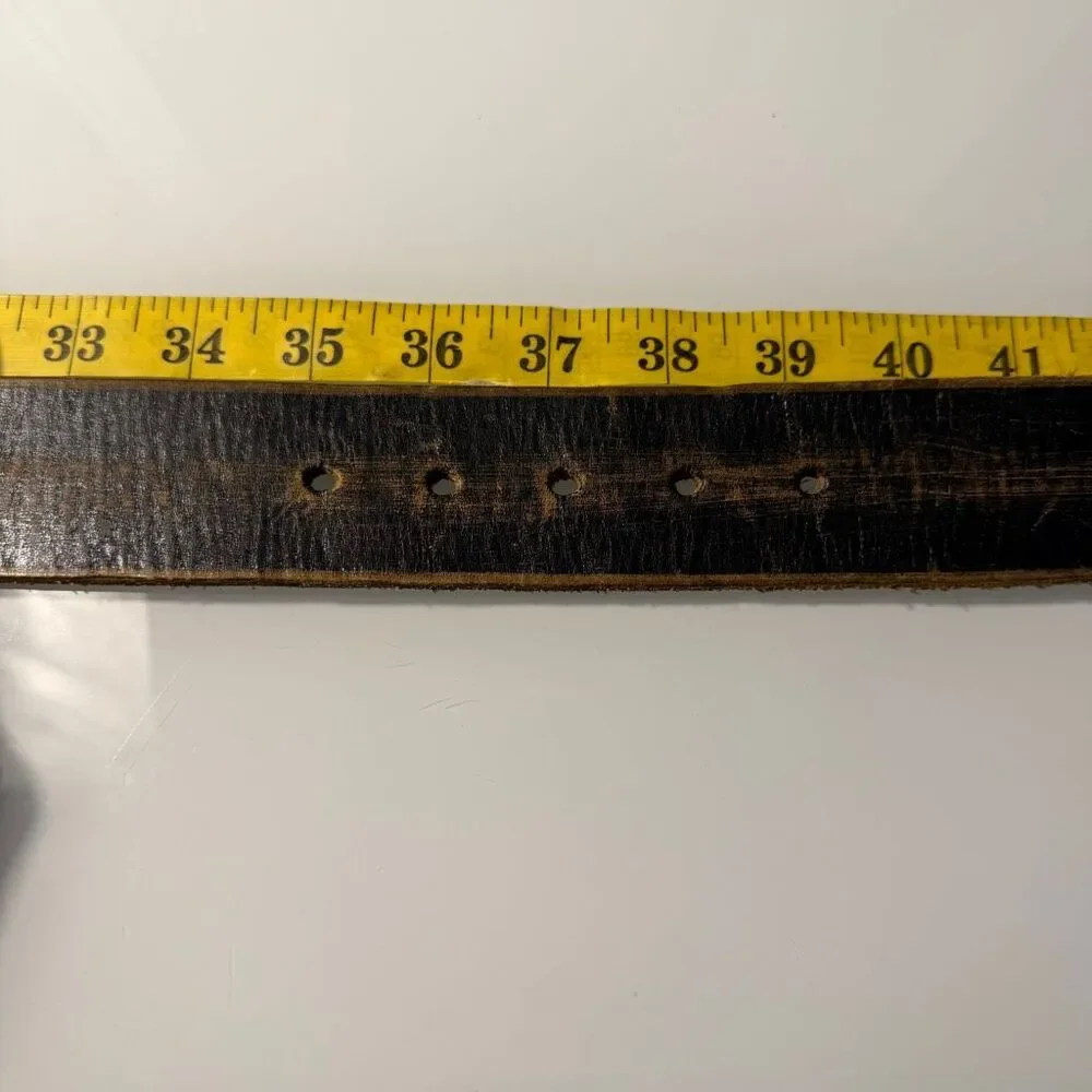 VTG Bill Adler Distressed Brown Leather Belt with Textured Silver Trophy Plate B